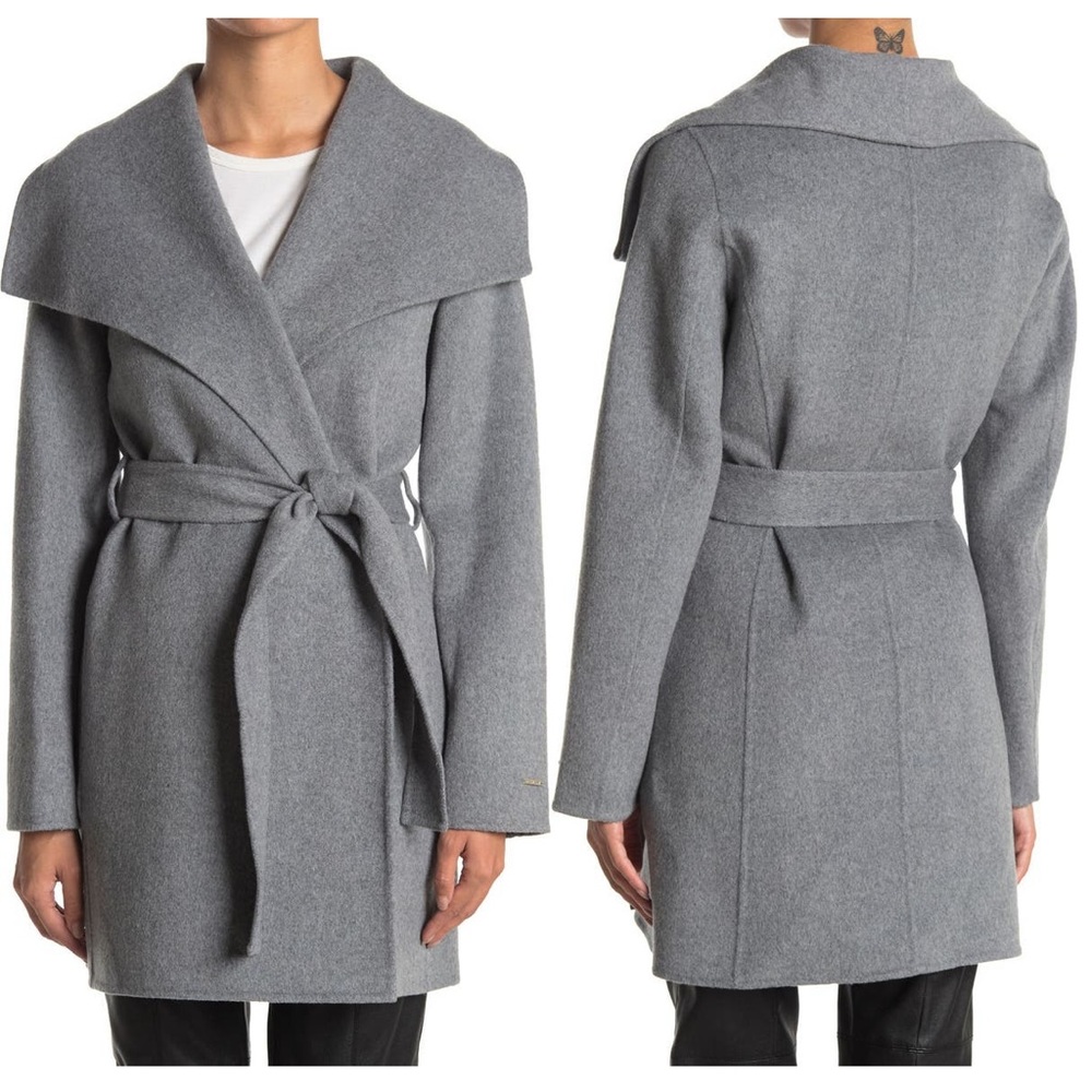 Tahari Ellie wool wrap coat L grey